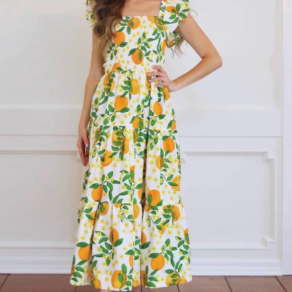 8 OAK LANE Dresses & Skirts - 8 OAK LANE Sz M Orange Grove Smocked Tiered Dress Cotton Flutter Sleeve